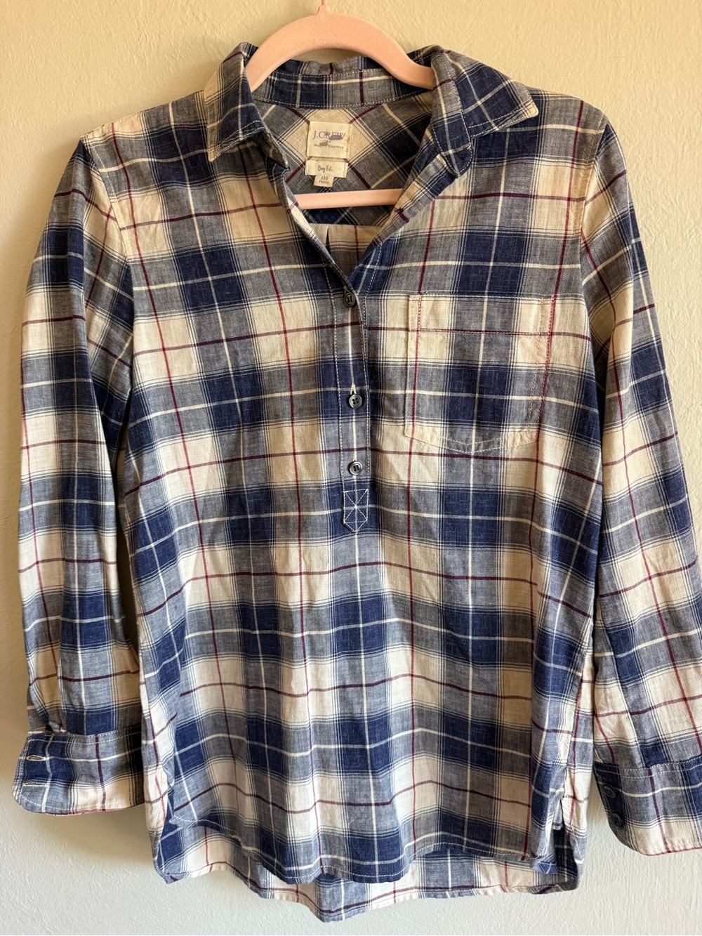 J. Crew Navy, Cream & Red Plaid Pullover Shirt XXS boy fit
